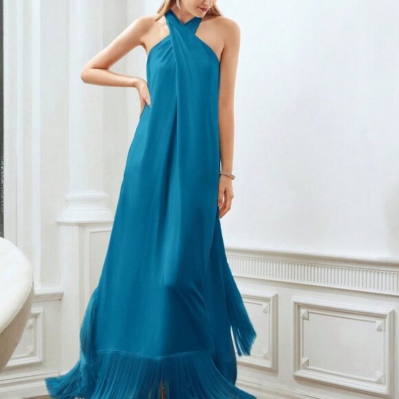 TEAL BLUE PREPPY WOMENS FRINGE HEM CROSS HALTER DRESS - Picture 3 of 5